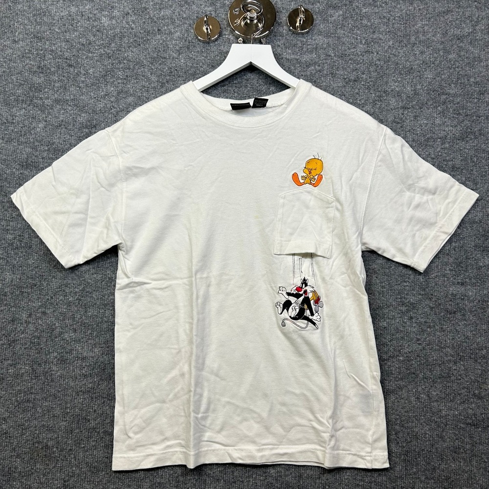 Vintage Warner Bros Tweety Sylvester T-Shirt Men's White Pocket Short Sleeve - S
